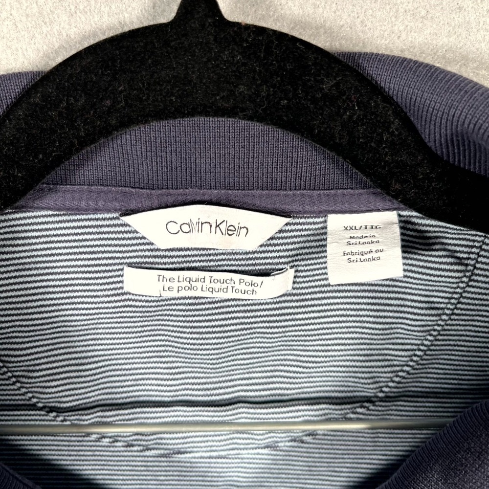 Calvin Klein Liquid Touch Polo Shirt Mens 2XL White Navy Striped Golf Tennis - Picture 2 of 5